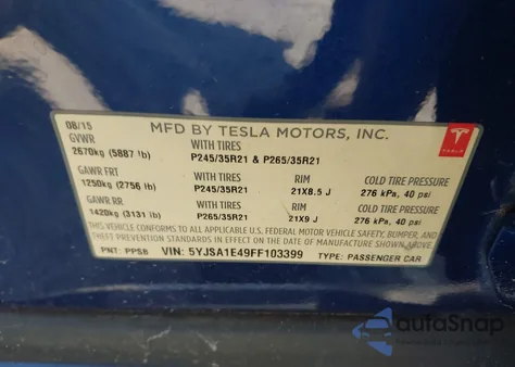 2015 Tesla Model S 85D/P85D z USA, uszkodzony, nr VIN 5YJSA1E49FF103399